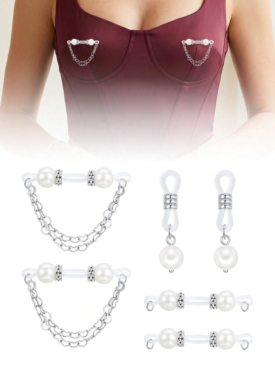 CIZME 1對女款仿真乳環,無需穿孔,仿真穿刺身體飾品,珍珠吊飾心形鍊條 - 白色 - 查看 1