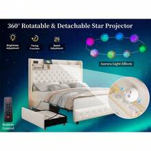 SIBEDS Bed Frame Modern Galaxy Aurora PU Diamond Upholstered Bed Frame With 52 Inch Tall Headboard Star Projector 2 Storage Drawers Charging Station Noise Free No Box Spring Needed Black PU For Bedroom Apartment Decor,Full/Queen/King Size,Black - 白色 - 查看 5