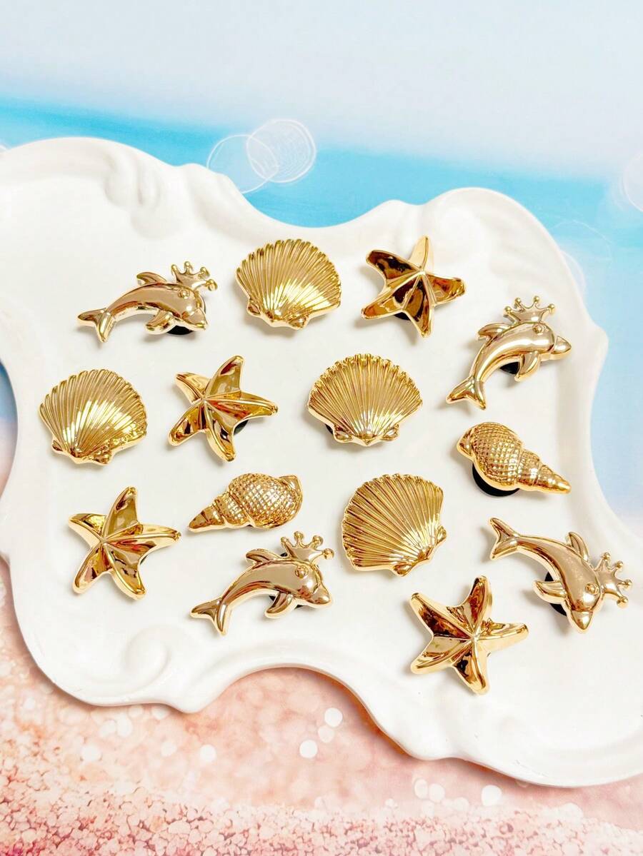 20件金色海洋系列鞋飾（海星、棕櫚樹、貝殼、海螺、愛心），適用於穿孔拖鞋DIY裝飾配件，生日派對與節日禮物首選