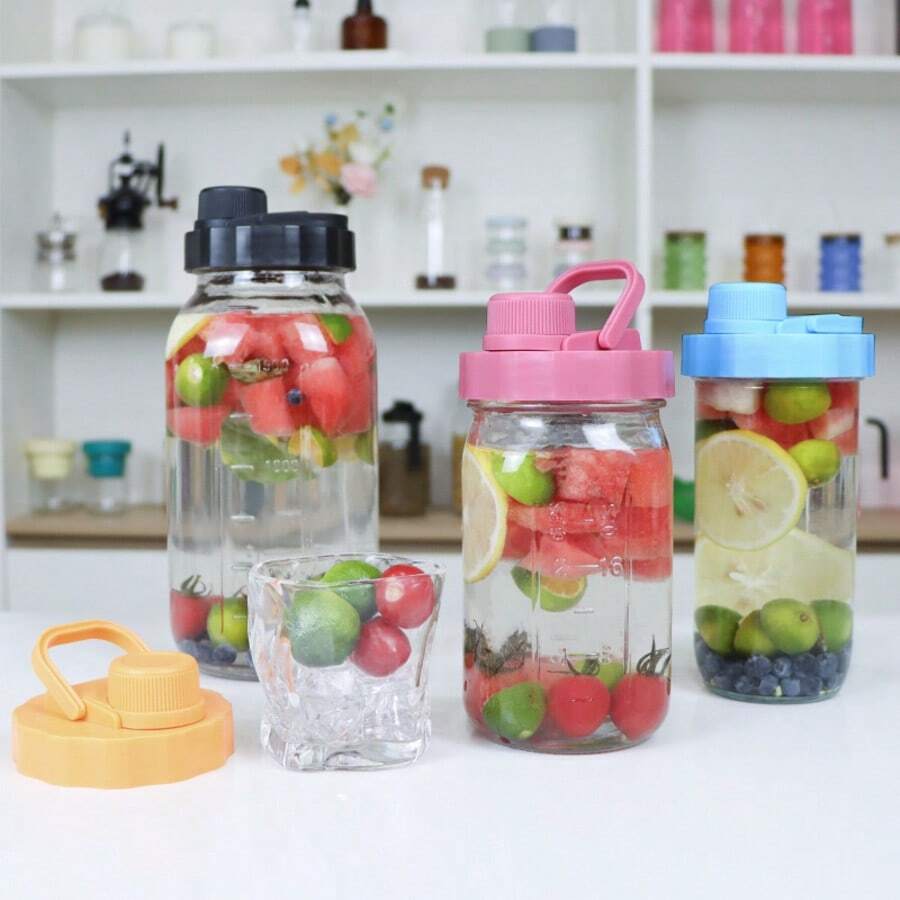 1 pieza Tapa de frasco de vidrio de 86 mm de diámetro color dopamina con asa, diseño de anillo de sellado a prueba de fugas, tapa de botella de jugo de plástico PP reutilizable, decoración de taza - Ver 1