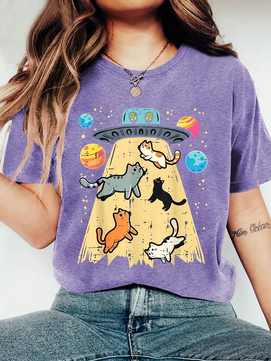 Adorable Cat Print, Comfortable, Soft, Elegant, Vintage, Casual, Versatile For Parties, Available In Sizes S-XXL, Suitable For Spring, Summer, Autumn And Winter, Sporty Style KWCN - 紫色 - 查看 1
