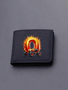 1pc Back To School Mini Cute Cartoon Personalized Fun 26 Excavator Construction Vehicle Flame Letter Print Bifold Wallet, Multiple Card Slots Inside, Can Hold Bank Cards, ID Cards, Cash, Meets Daily Travel Storage Needs. Suitable As Fan Gift, Birthday Small Gift. - Black - View 16