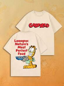 SHEIN | Garfield 女款米色雙面印花T恤，美食愛好者卡通貓千層義大利麵紅色字母印花，寬鬆短袖，日常街頭女孩休閒穿搭 - 杏色 - 查看 7