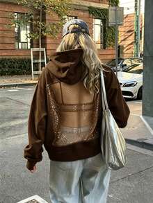 Sweatshirt Berkerudung Wanita, Sweatshirt Berkerudung Kasual Lengan Panjang Warna Cokelat Polos, Desain Belakang Berongga, Bagian Belakang Jala Mengkilap Gaya Musim Gugur - Coffee Brown - View 2