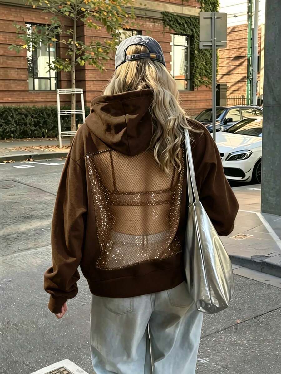 Sweatshirt Berkerudung Wanita, Sweatshirt Berkerudung Kasual Lengan Panjang Warna Cokelat Polos, Desain Belakang Berongga, Bagian Belakang Jala Mengkilap Gaya Musim Gugur