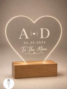 1PC Personalized Heart Shape Acrylic Night Lamp, Custom Initials Date Love Message LED Light With Wooden Base, Warm Glow Vanity Table Decor, Romantic Gift For Her, Wife, Girlfriend, Bride, Anniversary Wedding Bedroom Decor - Multicolor (Style 2) - View 6