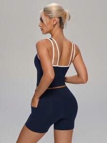 MASKERT Women's Tank Top And Shorts Set, Sports Yoga Morning Run Night Run Set, Aerobic Fitness Hiking Pilates Set - Navy Blue - View 3