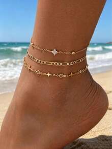 3pcs Minimalist Design Cross Star Handmade Chain Transparent Marquise Rhinestone Four-Leaf Flower Decor Anklet Multi-Layer Stackable Gold Color Chain Women's Foot Jewelry Suitable For Daily Wear And Date Photo Shoot Chain Cut By Length No Fixed End - Gold - View 1