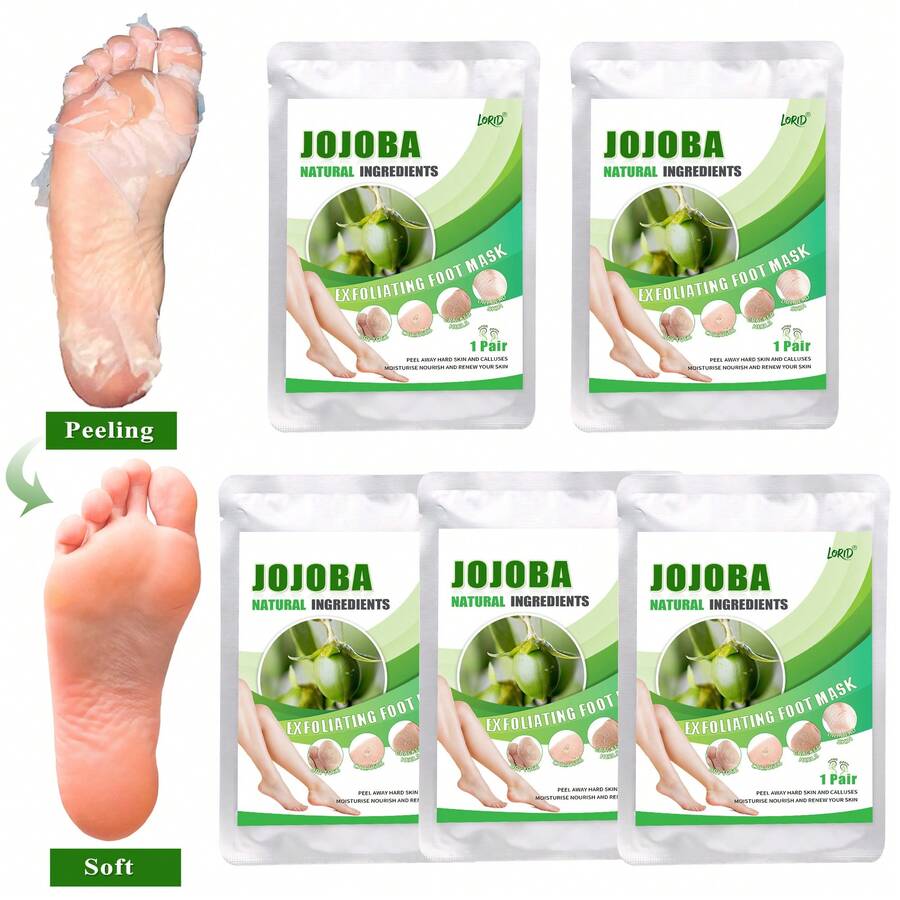 5 Pares Máscara de Descascamento de Pés com Jojoba & Aloe Vera - Máscara Esfoliante para os Pés, Hidratante & Nutritiva com Ácido Lático, Ureia & Ácido Málico para Pés Ásperos & Secos, Máscara para os Pés para Remoção de Pele Morta, Cuidados com os Pés, Produto Hidratante para os Pés & SPA - Visão 1