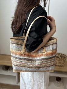 歐美跨境女款個性化大容量字母極簡印花托特包 新款菱格通勤單肩包 - 卡其色 - 查看 4