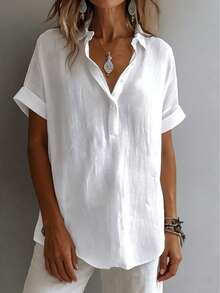 New Casual Plus Size Women's Spring/Summer Solid Color Button Half-Open Collar Loose T-Shirt Blouse White - White - View 4