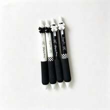 Black & White Checkerboard Bow Limited Edition Retractable Neutral Gel Pen, Ins Minimalist Smooth Quick-Dry 0.5mm Needle Tip Black Ink Pen, Student Exam Practice Note-Taking Planner Stationery Set For Artistic Girls, Boxed Writing Supplies - Round - View 8