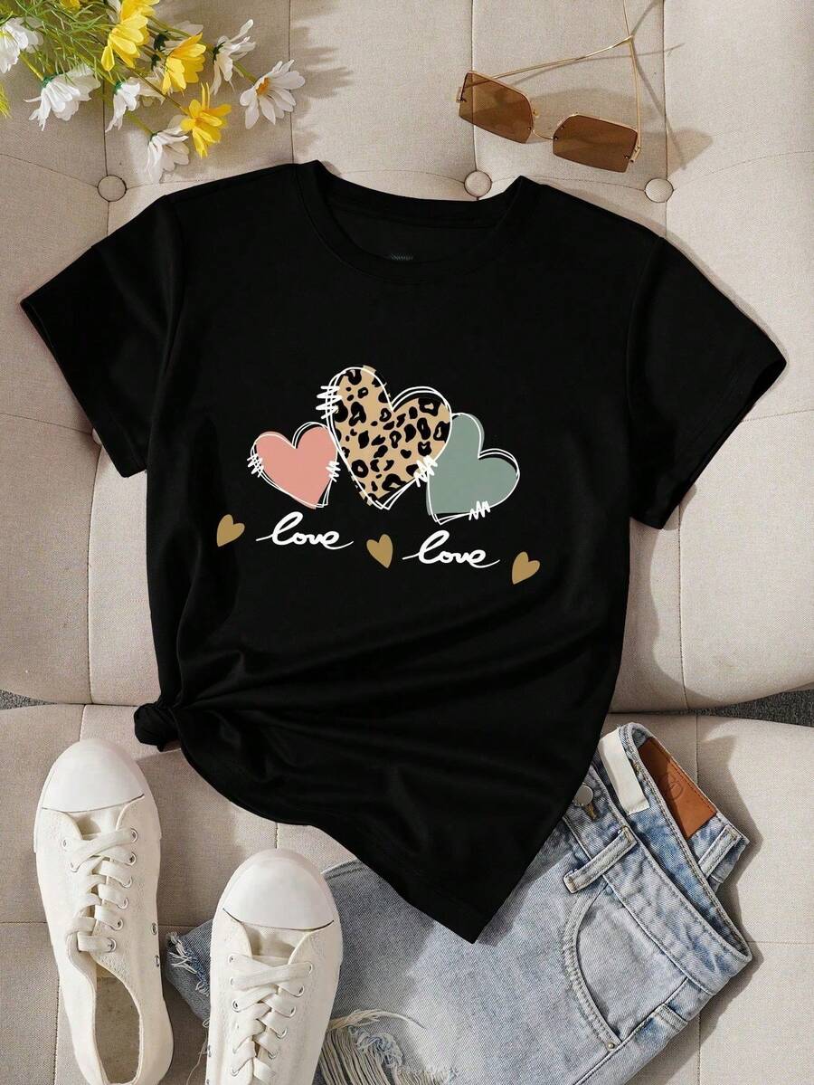 NewSummerCasualCamiseta gráfica con motivo de corazón y letra para mujer-Vintage Street Style Unisex Loose Cotton Short Sleeve Crew Neck T-Shirt - Negro - Ver 1