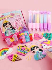 Juego de cuentas para niños, kit de arte con bolígrafo de cuentas y mosaico, juego de concentración, pintura de diamantes, set de manualidades DIY hecho a mano, con bolígrafos de cuentas coloridos y plantillas divertidas, actividad creativa para niños y niñas (colores de accesorios aleatorios) - Multicolor - Ver 2