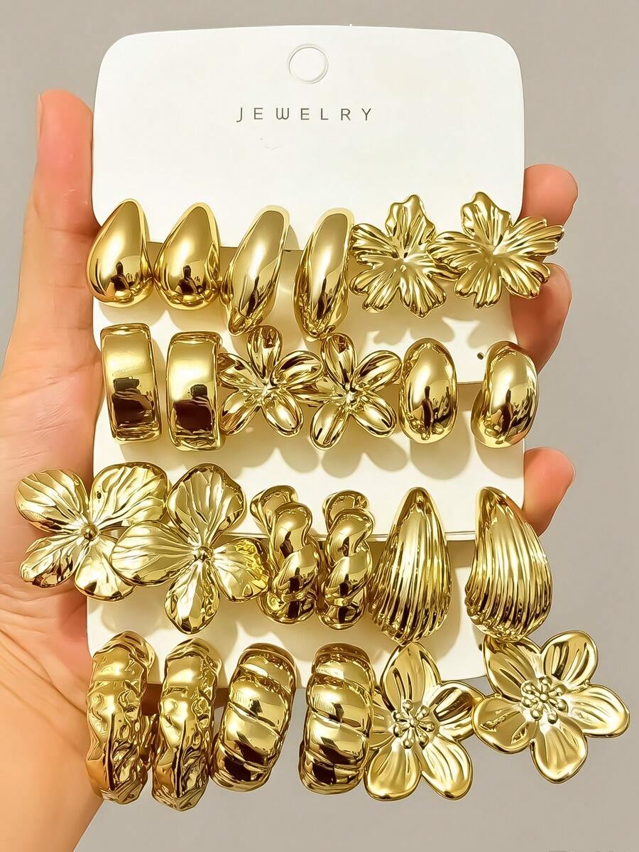 6-24 piezas Pendientes de moda para mujer en color dorado, forma de gota de agua redonda completa, textura metálica brillante, diseño minimalista de alta gama con flor de metal único, estilo vintage suave, aro grueso y liso curvado, estilo versátil europeo y americano adecuado para ir al trabajo y vacaciones - Dorado - Ver 1