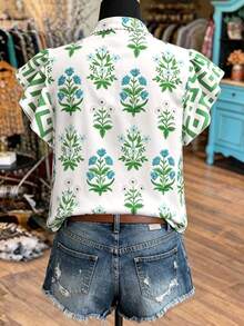 2026 Spring/Summer New French Vacation Style Ditsy Floral Shirt, Stand Collar Cap Sleeve Loose Concealing Blouse, Casual Daily Commute Cap Sleeve Shirt - Green - View 2