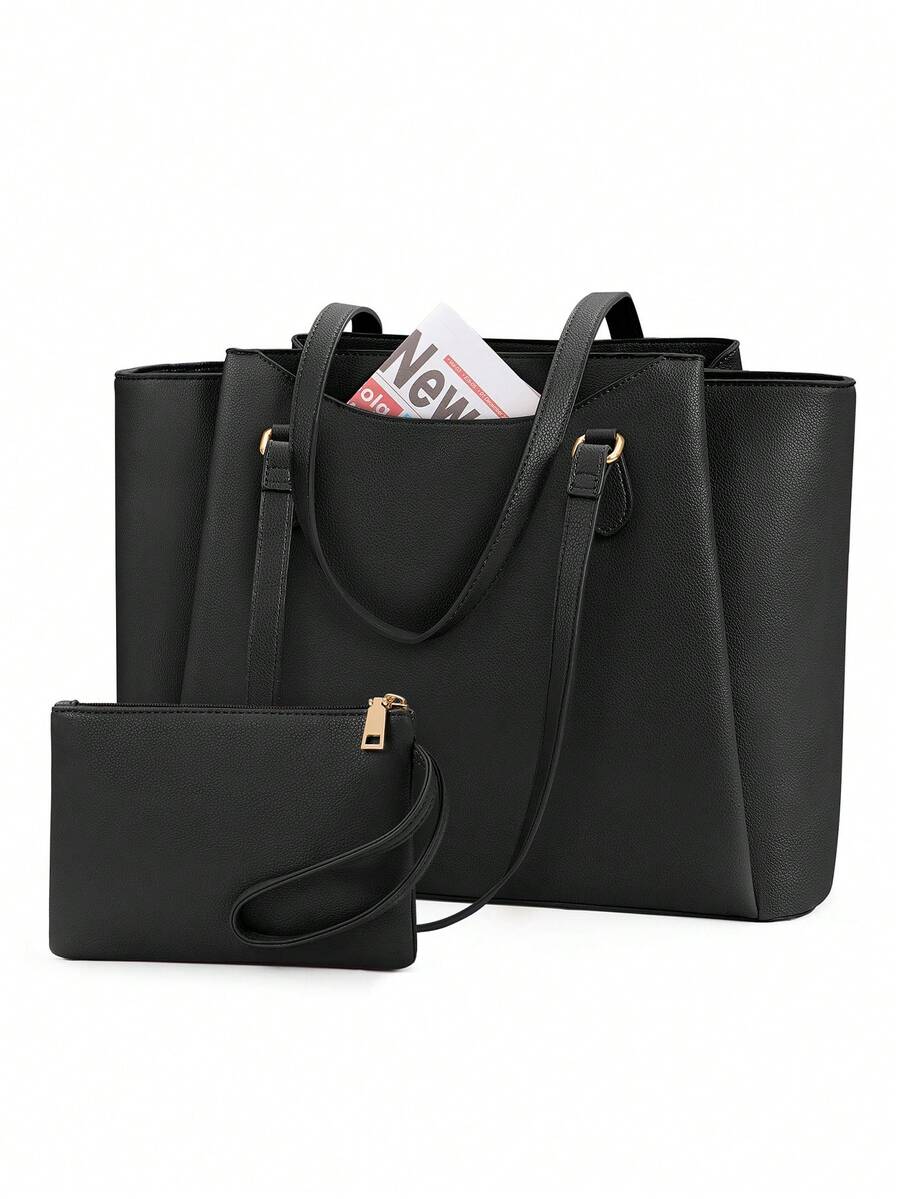 NEWHEY Women's Waterproof PU 15.6 Inch Laptop Tote Bag, Large Capacity Commuter Shoulder Bag With Matching Clutch, Suitable For Office, Daily And Travel