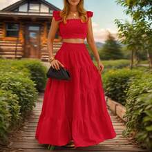 Conjunto de Vestido de Dos Piezas Elegante y Sexy de Color Sólido con Tirantes y Cintura Media para el Verano de 2026 - Blanco - Ver 3