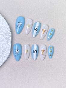 10 Pieces Of Handmade Press On Nails,Summer,World Cup Nails,Blue And Milky White Nails With Blue-White Vertical Stripe Design, Trophy,Number 10 Prints And Three Golden Star Metal Charms,Perfect For Game Watching,Daily Wear And Sports Party Occasions. - Dusty Blue - View 5