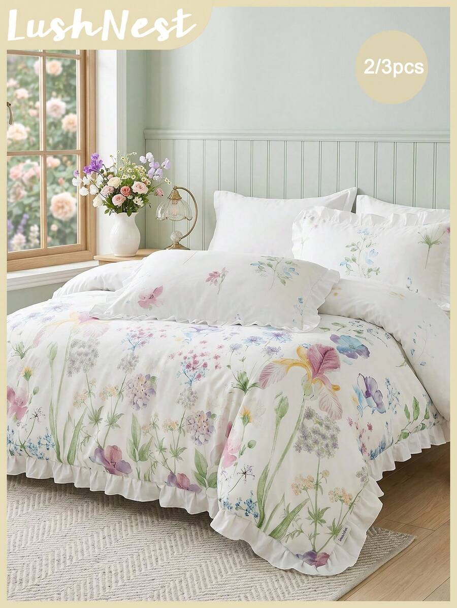 Juego de ropa de cama de 3 piezas con estampado floral blanco y ribete con volantes completos - Incluye 1 funda nórdica y 2 fundas de almohada (sin rellenos), estilo campestre fresco, ligero y transpirable, lavable a máquina, ropa de cama floral, estilo campestre, decoración del hogar con volantes