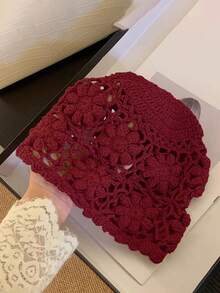 1 pieza Gorro de estilo vintage para mujer, hueco, transpirable, hecho a mano con patrón floral de ganchillo, versátil, que estiliza el rostro, para viajes y uso diario - flores - Ver 7