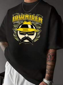 Figure Of A Man With A Mustache, Yellow Hat And Glasses With The Word Lowrider In Urban Style, Modern Casual Men's T-Shirt - 黑色 - 查看 1
