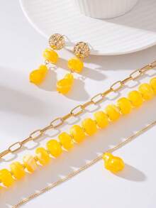 3 piezas/1 set Conjunto de joyas de collar y pendientes de estilo bohemio con capas de cuentas de acrílico, adecuado para uso diario, viajes y vacaciones - Amarillo - Ver 5