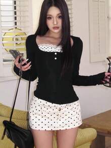 Polka Dot Lace Patchwork Long Sleeve T-Shirt, Elastic Slim Fit Flattering Elegant Fashion Inner Layer Base Top Black - Black - View 5