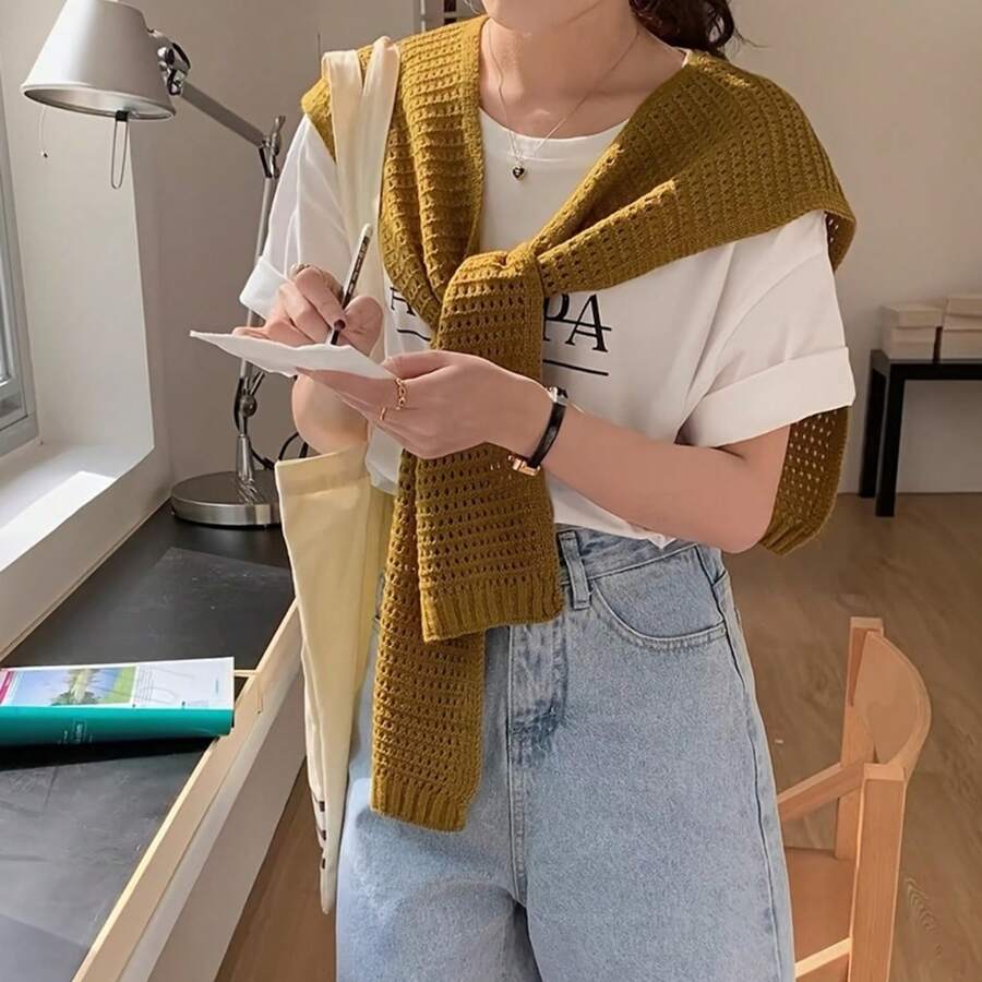 韓国デザイン メッシュ透かし編みショールジレ 肩掛け羽織り レディース カジュアル オフィス通勤 万能アウター おしゃれ薄手トップス - コーヒーブラウン - チェックする 1