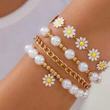 4pcs Daisy Flower Faux Pearl Layered Bracelet Set Boho Style Gold Tone Chain Bracelets For Women Daily Party Jewelry Gift - Multicolor - View 1