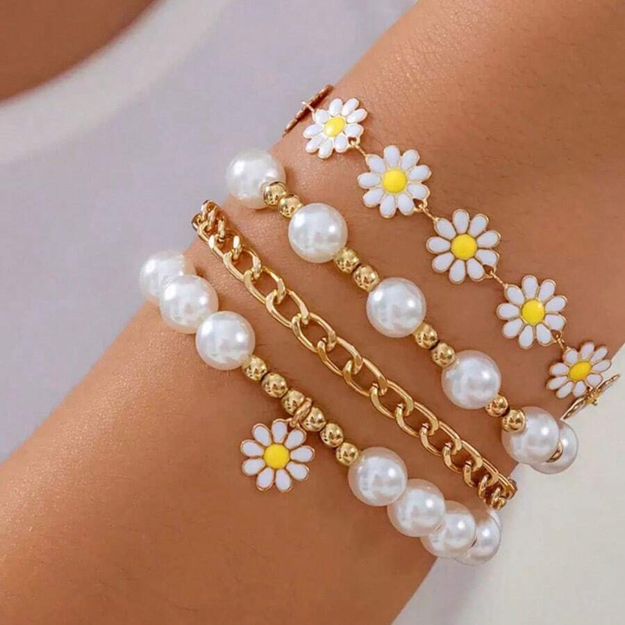 4pcs Daisy Flower Faux Pearl Layered Bracelet Set Boho Style Gold Tone Chain Bracelets For Women Daily Party Jewelry Gift - Multicolor - View 1