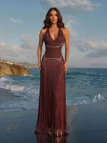 Modphy New Rhinestone & Stud Embellished Bandage Long Dress, Formal Event Gown Spring Brown Wedding Party Fall - Brown - View 9