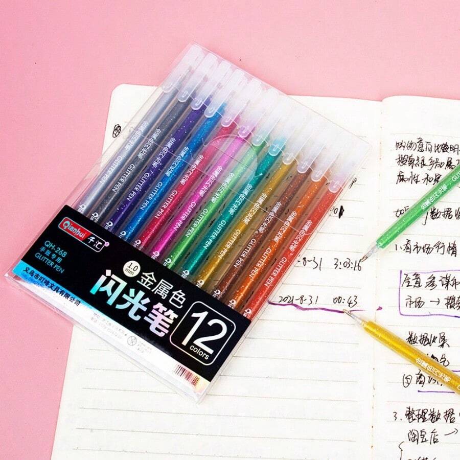 12pcs Student Pearlescent Colorful Glitter Color-Changing Gel Pens, Marker Fluorescent Pens, Highlighter 12-Color Coloring Pens - Multicolor - View 1