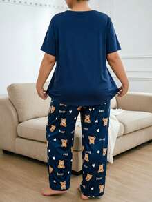Plus Size Dark Blue Short Sleeve Top And Pants Printed 2 Pieces Pajama Set Loungewear For Women - Blue - View 4