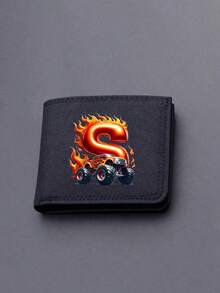1pc Back To School Mini Cute Cartoon Personalized Fun 26 Excavator Construction Vehicle Flame Letter Print Bifold Wallet, Multiple Card Slots Inside, Can Hold Bank Cards, ID Cards, Cash, Meets Daily Travel Storage Needs. Suitable As Fan Gift, Birthday Small Gift. - Black - View 31