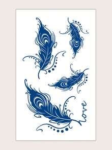 Herbal Juice Semi-Permanent Magic Tattoo Sticker, Polka Dot Line Feather Pattern, 14 Days No Fading, Music Festival Party Gift, Temporary Tattoo Sticker For Arm, Waist, Abdomen, Leg, Body, 1pc/Pack - Blue - View 3