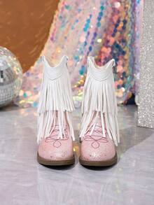 NILOSH Girls' Sequin Tassel Denim Boots, Western Mid-Calf Boots, Suitable For Party, Dance And Performance - White - View 2