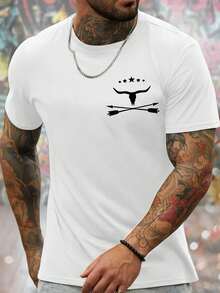 Men's Short-Sleeved Crew Neck T-Shirt With Bull Skull Print, Bold And Original Design, Comfortable And Breathable Top Ideal For Summer, 100% Pure Cotton, Casual Style - 白色 - 查看 1