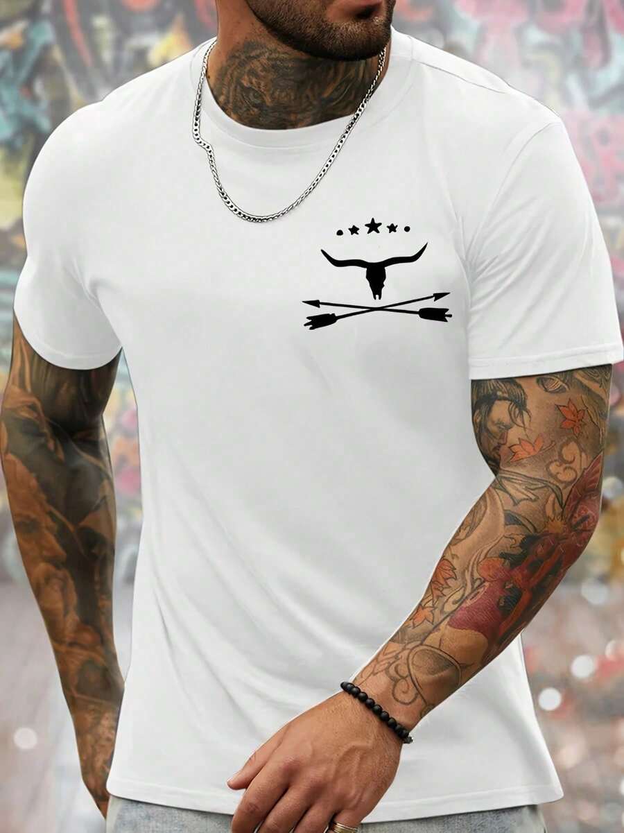Men's Short-Sleeved Crew Neck T-Shirt With Bull Skull Print, Bold And Original Design, Comfortable And Breathable Top Ideal For Summer, 100% Pure Cotton, Casual Style - 白色 - 查看 1
