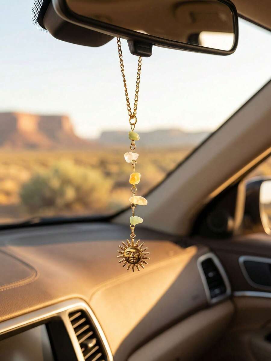 1pc Bohemian Sun God Natural Crystal Handmade Car Rearview Mirror Hanging Charm Amulet Suitable For Most Car Models - A - View 1