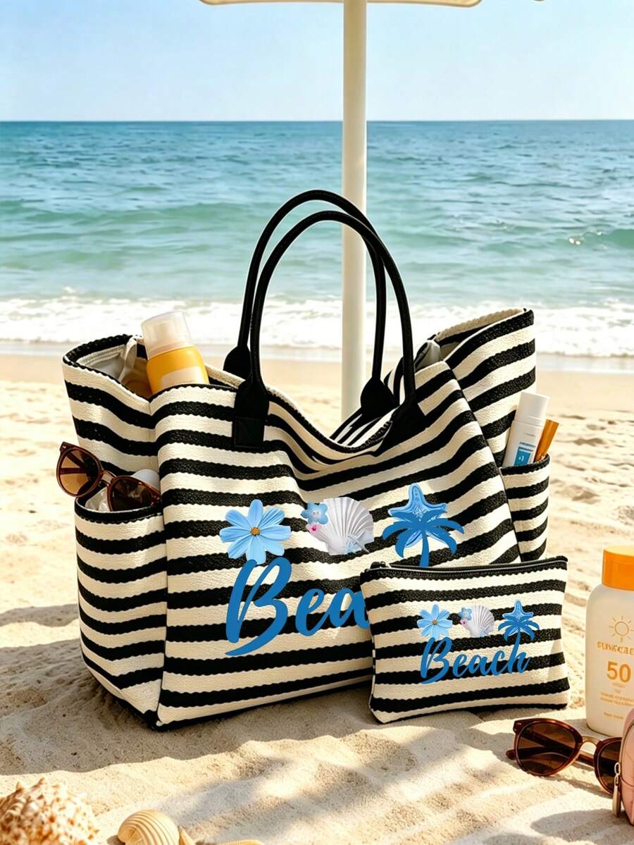 1/2件組條紋托特包與化妝包套裝,印有「Beach」圖案,大容量時尚沙灘包,極簡風格,適合通勤、度假、旅行、日常使用與購物,送給親友的理想禮物 - 彩色 - 查看 1