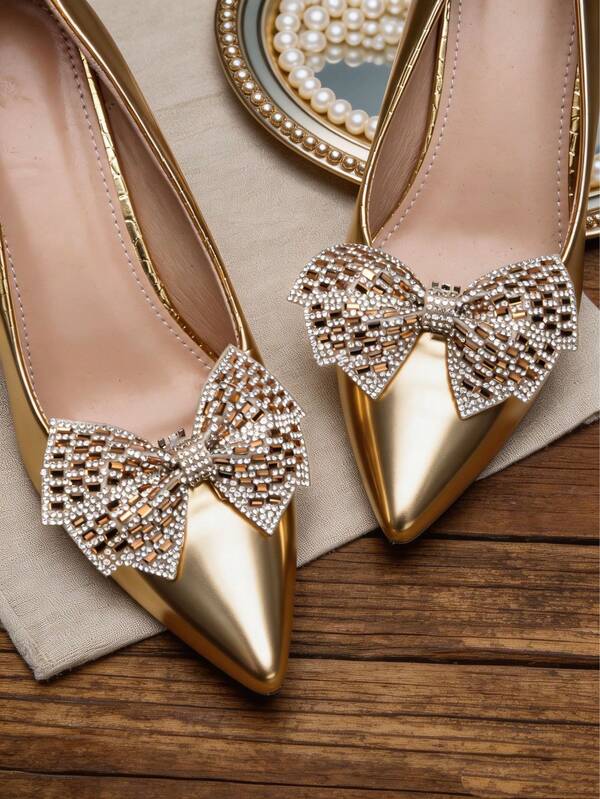 2pcs Detachable DIY Shoe Accessories, Gold Bow-Shaped Fashion Elegant Shoe Clips, White, Apricot, Gold, Black, High Heels, Shoes, Women's Shoes Decor, Office, Business, Date, Wedding Shoes Decoration