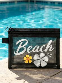 This Beach Mesh Bag Printed With "Beach" Is A Portable Makeup Bag That Can Store Lipsticks And Cushion Powder Puffs, Full Of Coastal Charm And Summer Vibes. Transparent Large Capacity Travel Cosmetic Storage Bag, Hawaiian Style Mesh Makeup Bag, Ideal For Beach Vacation, Shopping, Leisure Travel, Fitness, Mother's Day Gift, Valentine's Day Gift, Teacher's Day Gift, Women's Travel, Short Trip And Daily Travel. - Multicolor - View 7