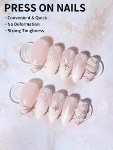24pcs Long Almond Shape 3D Gel Nail Stickers With Flower And Pearl Decor Design French Manicure Nail Patches, Includes 1 Double-Sided Adhesive And 1 Nail File, Suitable For Short Nails, Ocean Nails, Beach Nails, Summer Nails - Multicolor - View 3