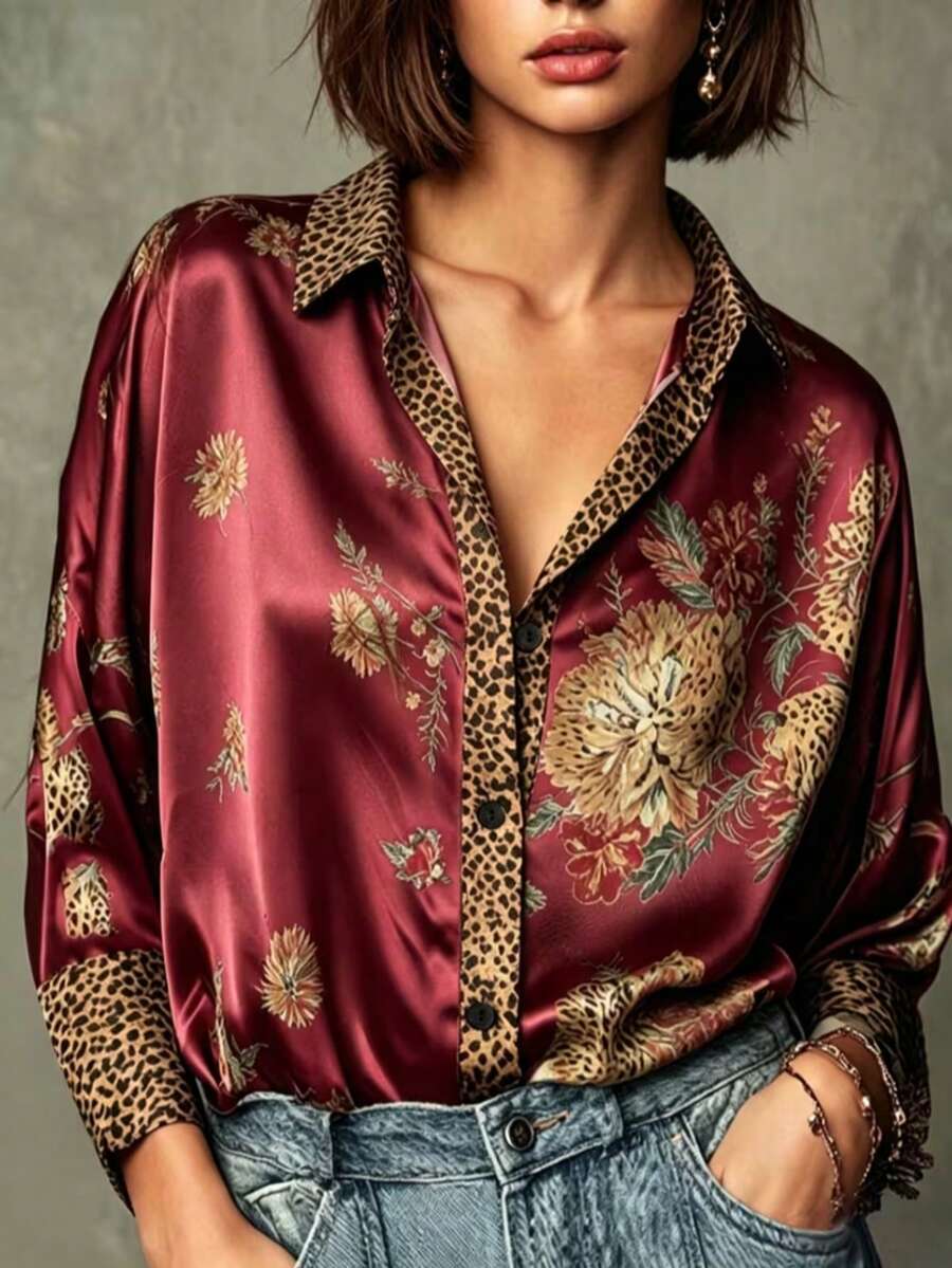 Plus Size Women's Vintage Random Print Leopard & Floral Satin Button-Up Shirt, Loose Casual Long Sleeve Top, Suitable For Daily Wear, Dating And Street Style - Burgundy - View 1