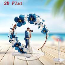 1pc 2D Flat Rotating Acrylic Wedding Couple Decor - 2D Flat Rotating Base With Blue & White Floral Arch, Sparkling Center Decoration, Suitable For Outdoor Tabletop Decor, Wedding/Anniversary Gift - A - View 6