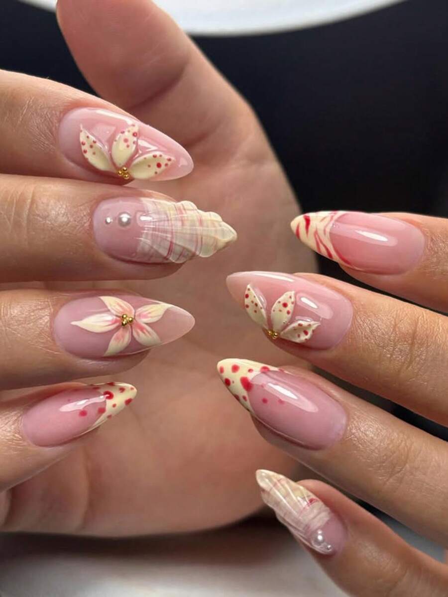 24片短杏仁形夏季假指甲,豹紋法式波浪波點花朵珍珠可愛合金壓克力穿戴甲,凝膠美甲用品指甲套組(含1片果凍膠與1片指甲锉),適合女性日常配戴、約會與派對 - 彩色 - 查看 1