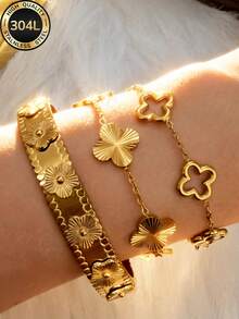 ZCNC Znice 1/3Pcs Fashion Stainless Steel + Copper 18K Gold Plated Women's Flower Rhinestone Bracelet Set With 14K Gold Heart Copper Inlaid Cubic Zirconia Open Cuff Bracelet, Suitable For Women's Daily Wear, Holiday Gift, Fashion Women's Bracelet Set - Golden 11 - View 2