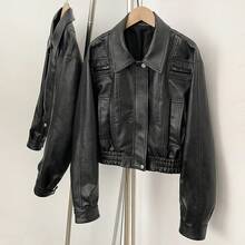 OFTBUY Solid Color Women's Short PU Leather Jacket With Lapel Collar, Zipper And Elastic Hem, Casual Commute Style For Autumn/Winter - Black - View 6