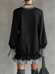 Retro Bohemian Elegant Loose Splice Black & White Striped Short Dress, Comfortable Casual Spring/Summer/Autumn - Black - View 2